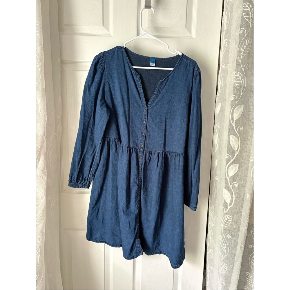 Old Navy fit flare jean mini swing shirt dress Button up Denim Tunic sz L cotton